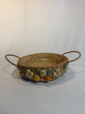 MCM Vintage Woven Raffia Fruit Basket Philippines Casserole Holder 9" Boho